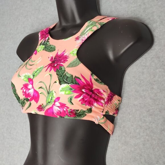 Tori Praver Sz S Seafoam Swimwear Pink Floral Halter Bikini Top High Neck Smock - Picture 4 of 10